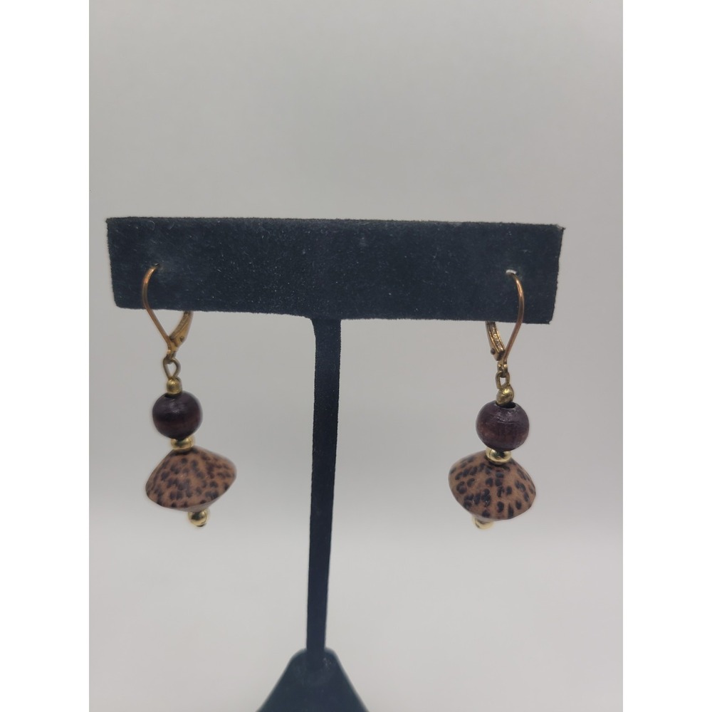Brown Speckled Beaded Dangle Earrings Gold Tone Earth‎ Tone Leverback Boho